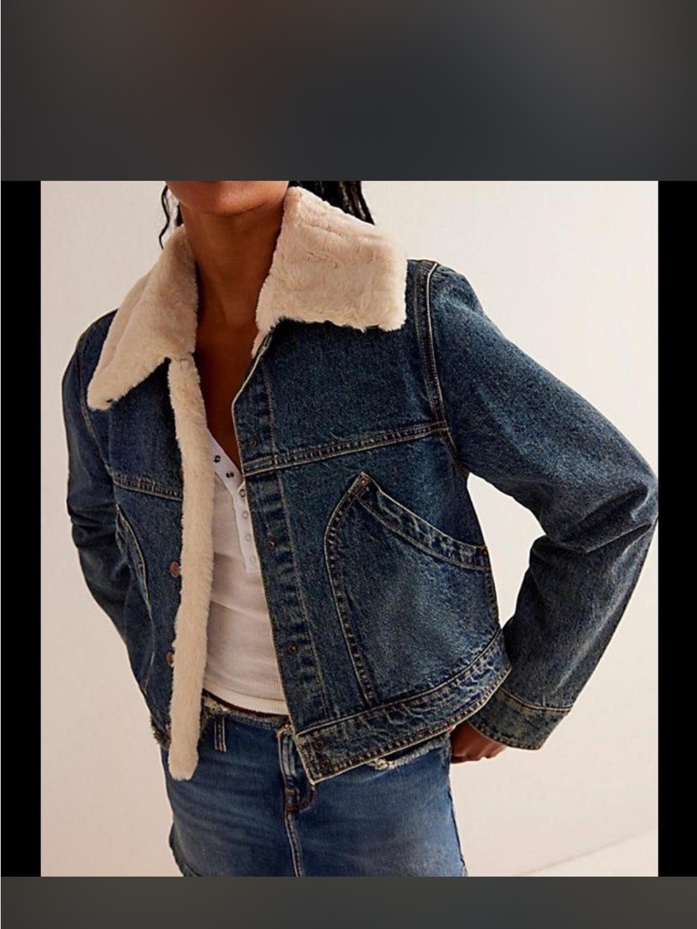 Free People Blue Denim Jacket with Cream Sherpa Collar
